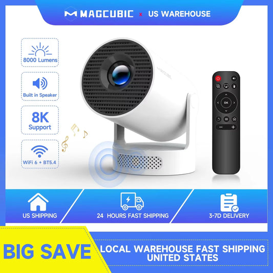 Projektor Magcubic HY300 Pro + 8K 720P z głośnikiem 5W Android 14 8000 lumenów WiFi 6 BT5.4 Zewnętrzny projektor wideo do kina domowego