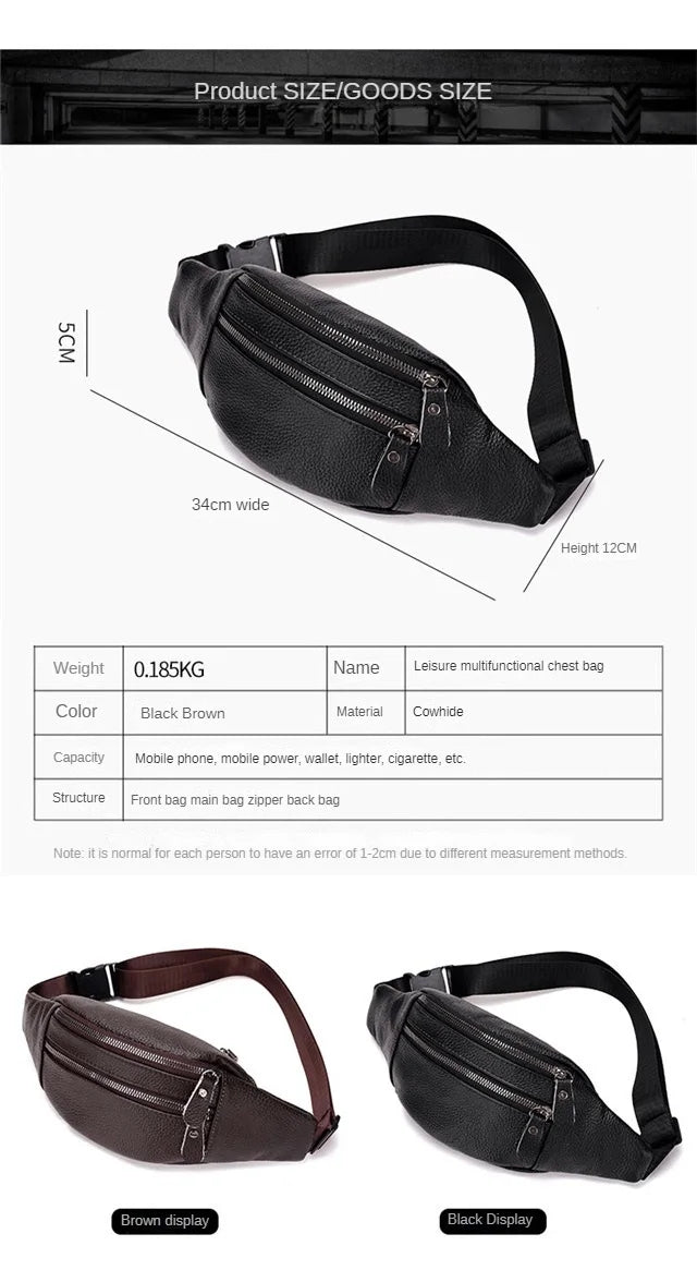 Men's Genuine Leather Chest Bag Double Zipper Cowhide Fanny Pack Casual Crossbody Sling Bag for Daily Commute & Travel