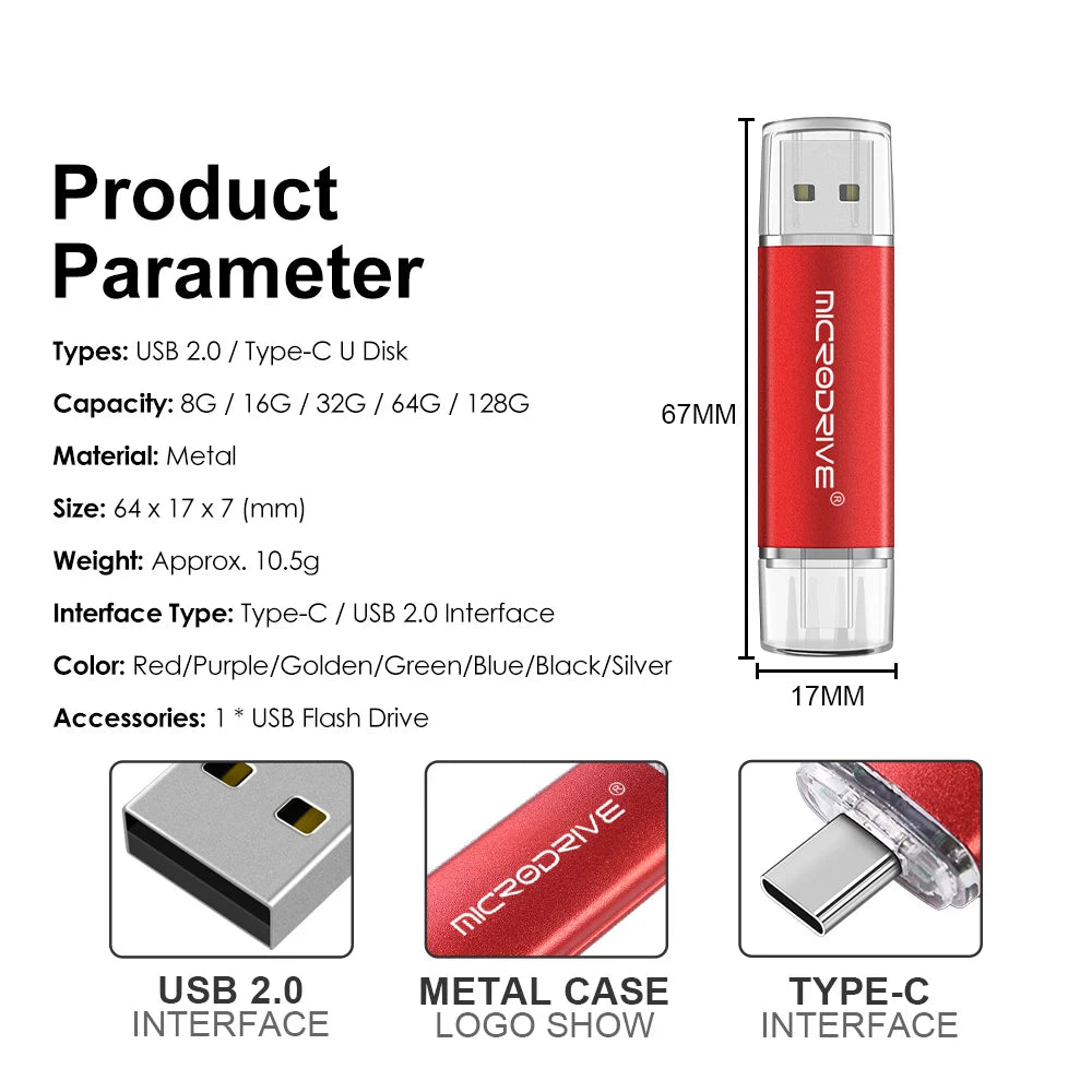 OTG Pendrive 2 in 1 type c USB 2.0 Flash Drive 1GB 128gb 64gb cle usb memoria usb metal stick 32gb 8gb Pen Drive for Android