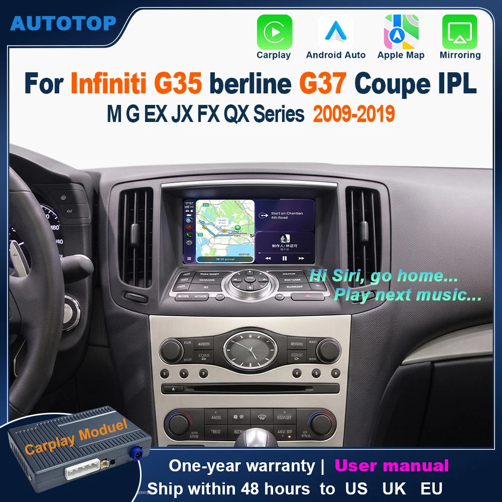 AUTOTOP Wireless CarPlay Android Auto Upgrade Adapter for Infiniti G35 G37 Coupe Sedan G M EX FX JX QX Series 2009-2014 Car AI Box, 7 8 inch HD Screen GPS Airplay BT, SWC Steering Wheel Control, Keep Original Factory System M
