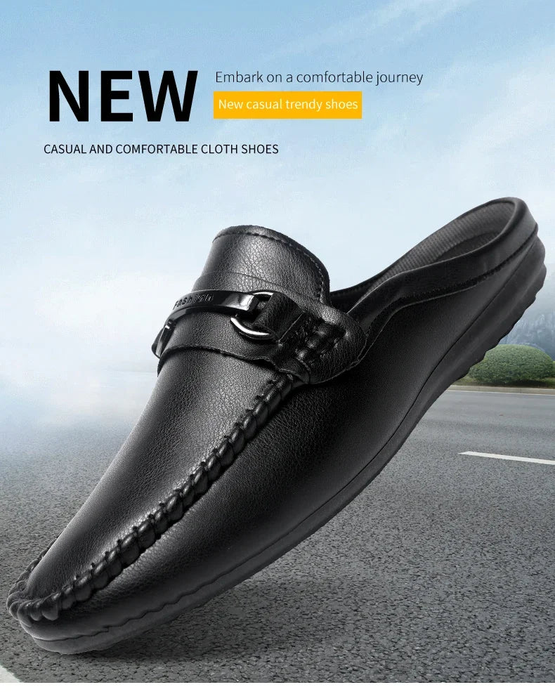 Summer Half Shoes For Men Comfortable Leather Casual Shoes Soft Flat Men's Loafers Lightweight Slip-on Shoes Man Daily Slippers