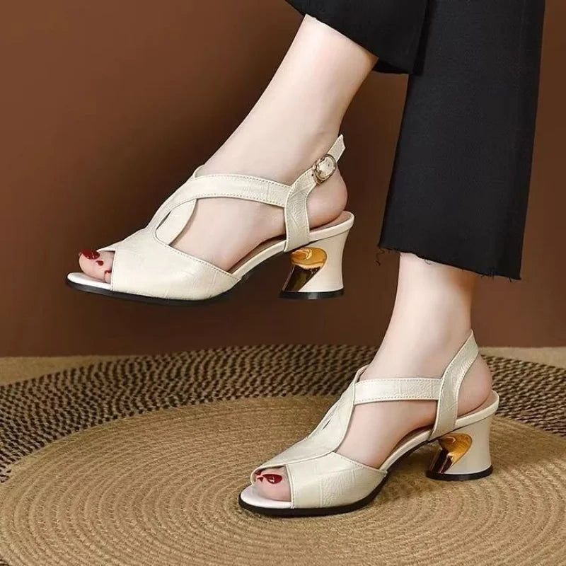 Women's Chunky Heel Sandals 2026 Summer Peep Toe Ankle Strap Buckle Comfy Soft Sole Faux Crocodile Leather Retro Office Shoes