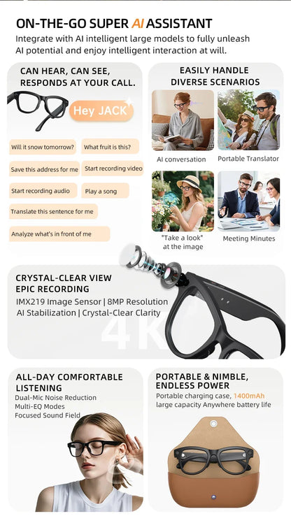 2026 New Smart Glasses Video Recording AI Dialogue Translation 800W HD Camera EIS Anti-Shake Shooting Smart Glasses Men Women