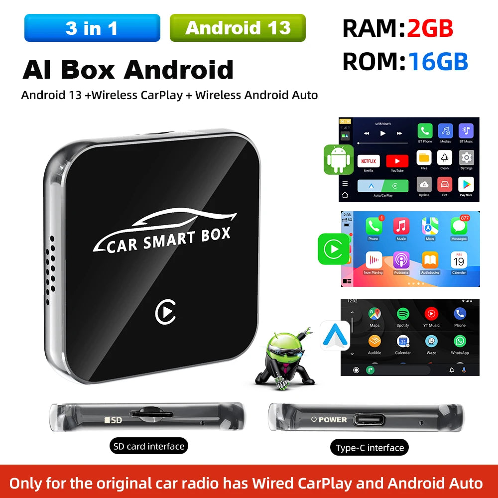 Grandnavi Android 13 3in1 CarPlay Ai Box Wireless Android Auto USB Adapter For Youtube Netflix Tiktok Universal AI Box Plug Play