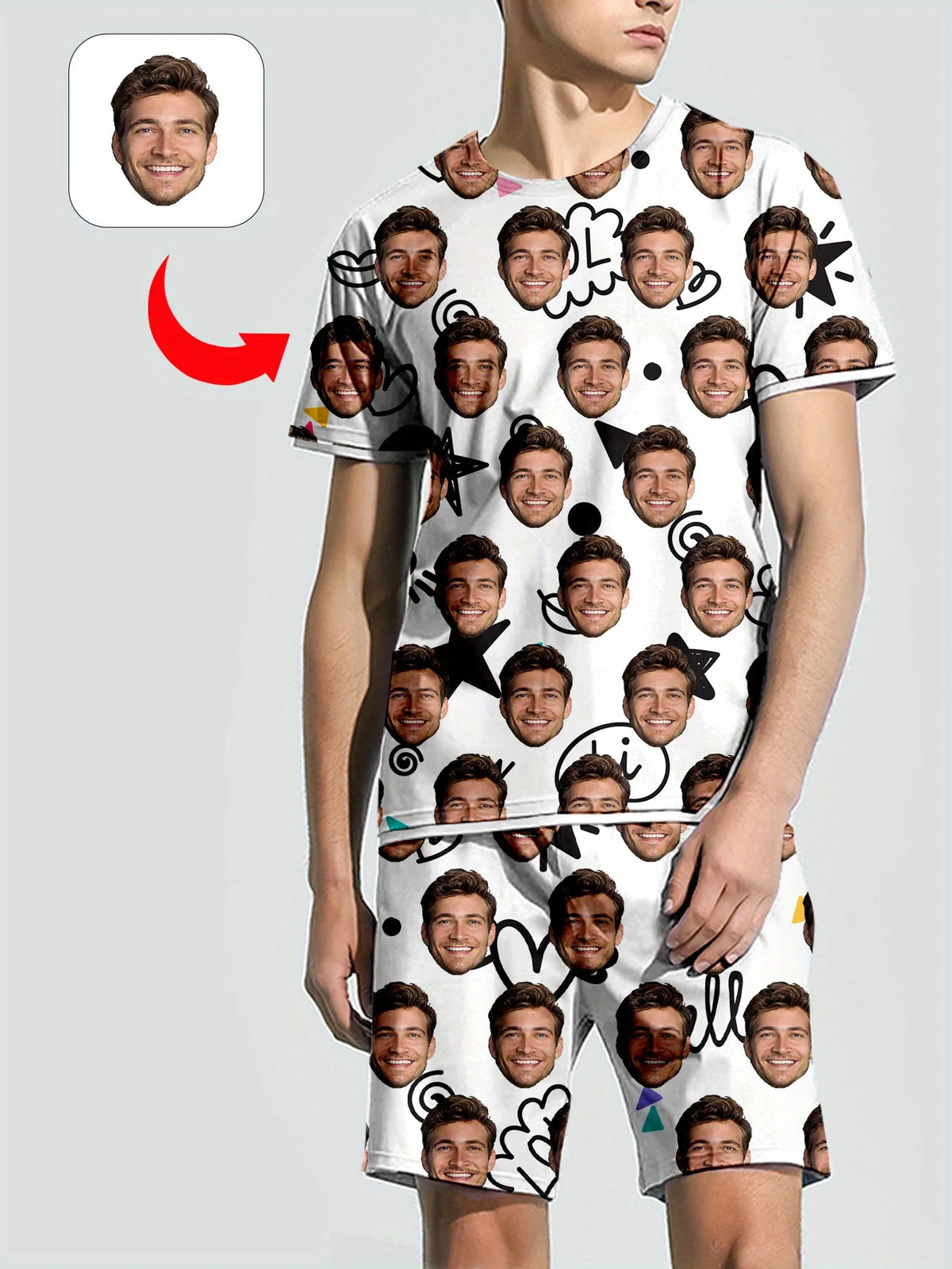Men's Women's Facial Printed T-Shirt Shorts Set Personal Photo Customize Pajamas Comfortable Loose Home Set Valentine's Day Gift