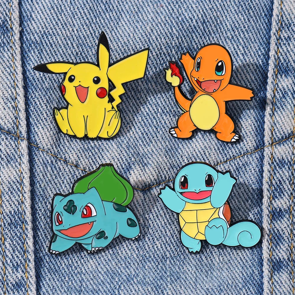 4Pcs Anime Pokemon Characters Enamel Brooch Badge Pikachu Charmander Squirtle Bulbasaur Figure Lapel Pins Gifts for Kids Fans