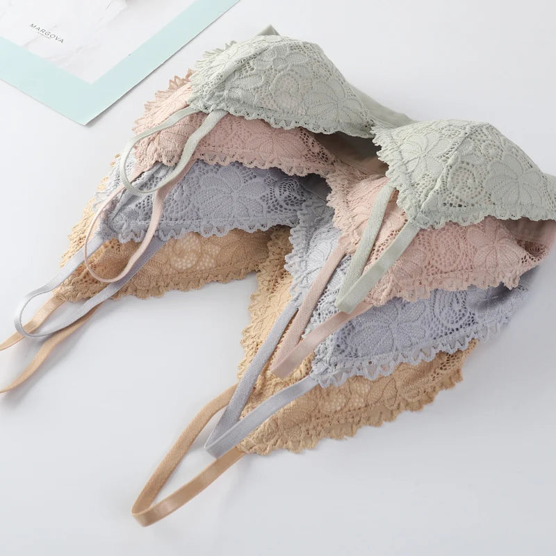 Women Lace Bra And Panties Set V-neck Push Up Bralette Sexy Lingerie Low Waist Briefs Female Non-wire Brassiere Underwear Set