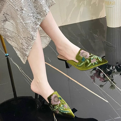 Elegant Embroidered Velvet Mule Heels Pointed Toe Cone Heel Slip-on Footwear for Occasions