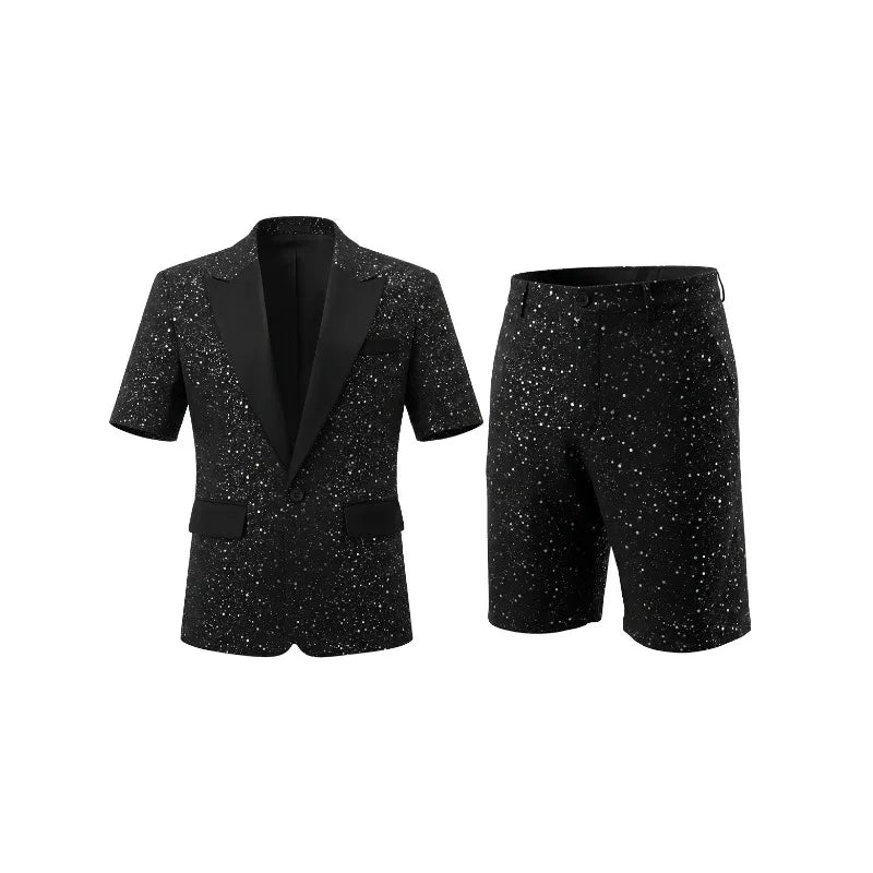 KIDWHXR Man Summer 2-piece Outfit Patchwork Short Sleeve Blazer Male Straight-leg Shorts Men Sequins Wedding Party Suit Set