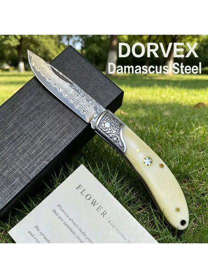 Damascus Steel Pocket Knife Cowbone Handle Outdoor Folding Knife High Hardness Wilderness Camping Survival and Self-Defense TOOL