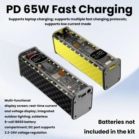 65W PD Fast Charge 8-Cell Solderless 18650 Power Bank Case 3.3-24V Adjustable DC DIY Battery Box LED Display Outdoor Light