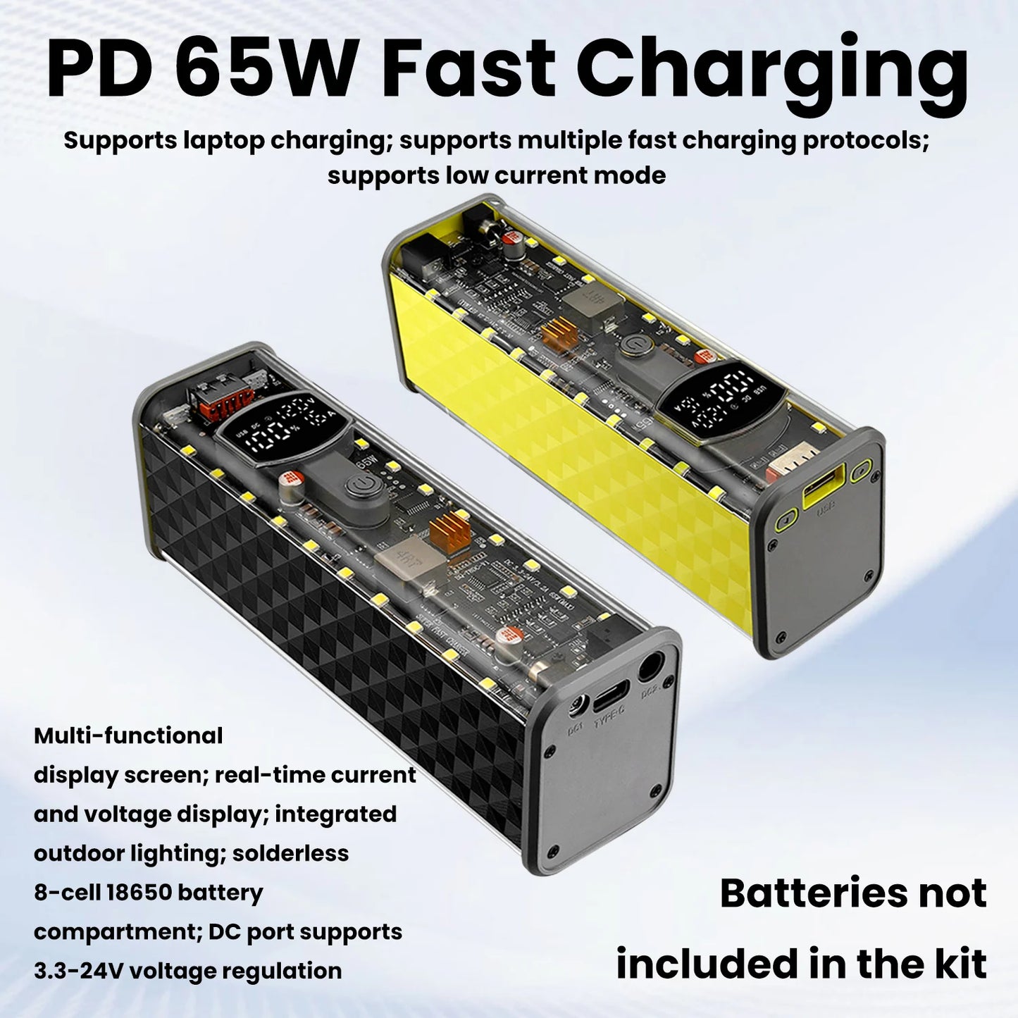 65W PD Fast Charge 8-Cell Solderless 18650 Power Bank Case 3.3-24V Adjustable DC DIY Battery Box LED Display Outdoor Light