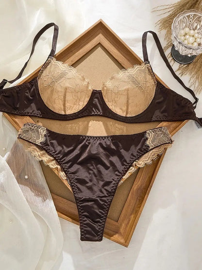 Sexy Lace Flowers Embroidery Lingerie Set for Women Ultra Thin Breathable Bra Button Decoration Underwear French Bras Thong Sets