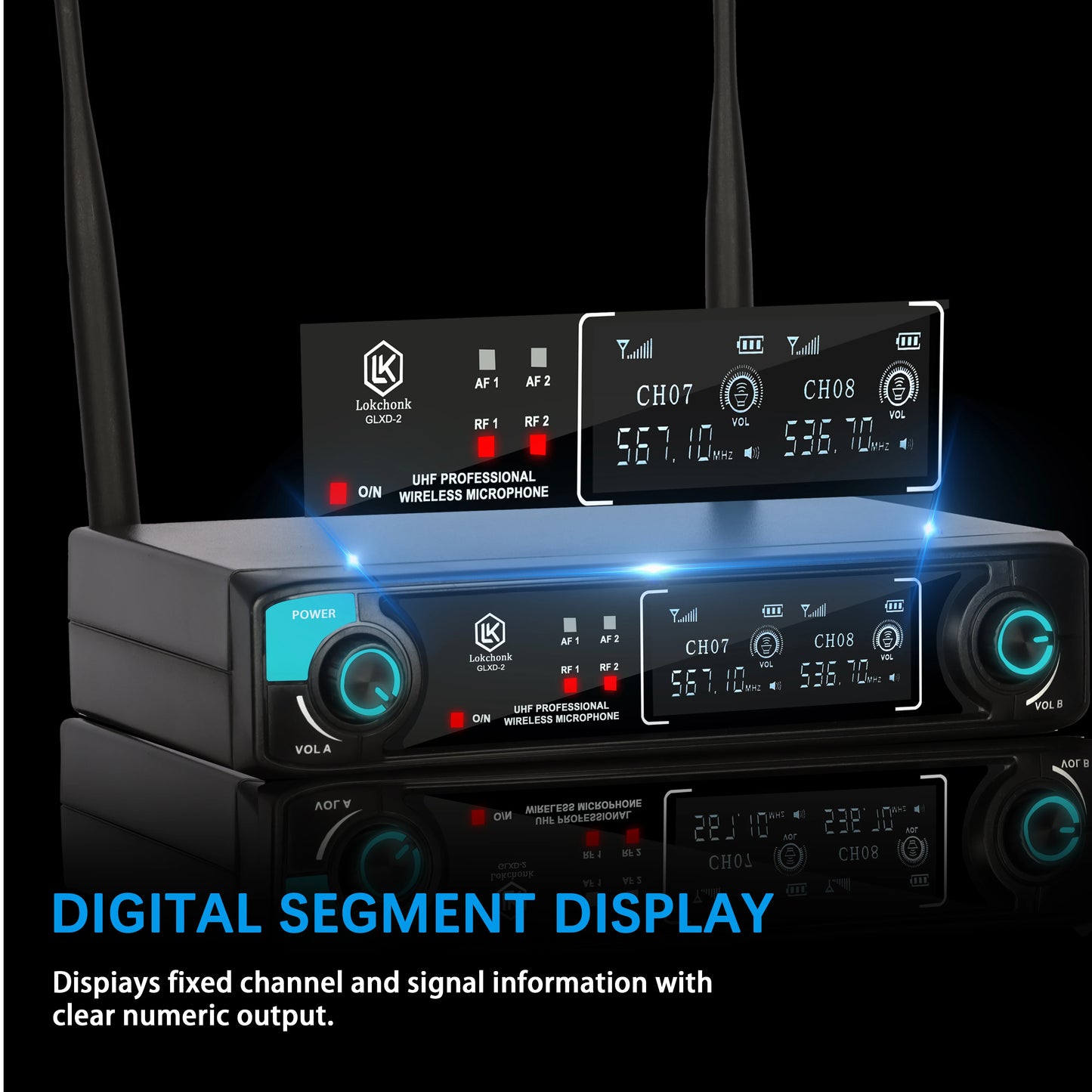Lokchonk GLXD-2 Pro Professional Dual Channel Wireless Microphone System with 2 Handheld Mics for Stage Karaoke Speech Teaching
