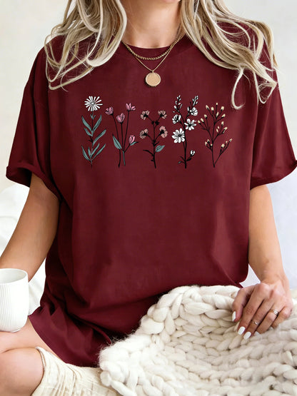 All Kinds Of Beautiful Flowers Printed T-Shirt Women Cotton Loose T Shirts All-Match Summer Clothing Comfortable Y2K Streetwear