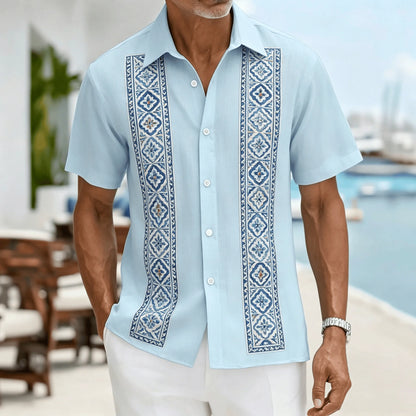 Men's Light Blue Geometric Ethnic Pattern Short Sleeve Shirt, Retro Bohemian Design, Casual Spring Summer Wear