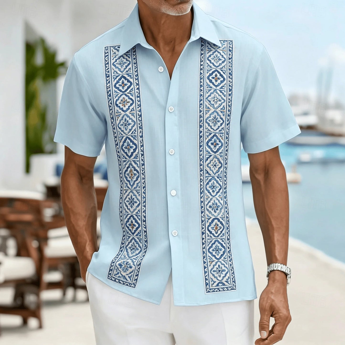 Men's Light Blue Geometric Ethnic Pattern Short Sleeve Shirt, Retro Bohemian Design, Casual Spring Summer Wear