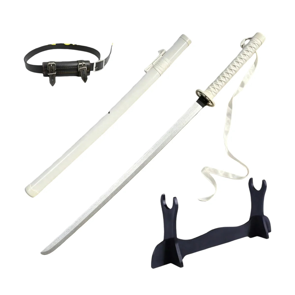 40inch 101cm Katana Sword Bleach Ichigo Zangetsu White Bankai Blade Wood Bamboo Japanese Samurai Anime Cosplay Prop Stand Belt Ribbon Set Real Size Otaku Collectible Gift Toy Display Bushido Ninja Knife Schwert Sabre