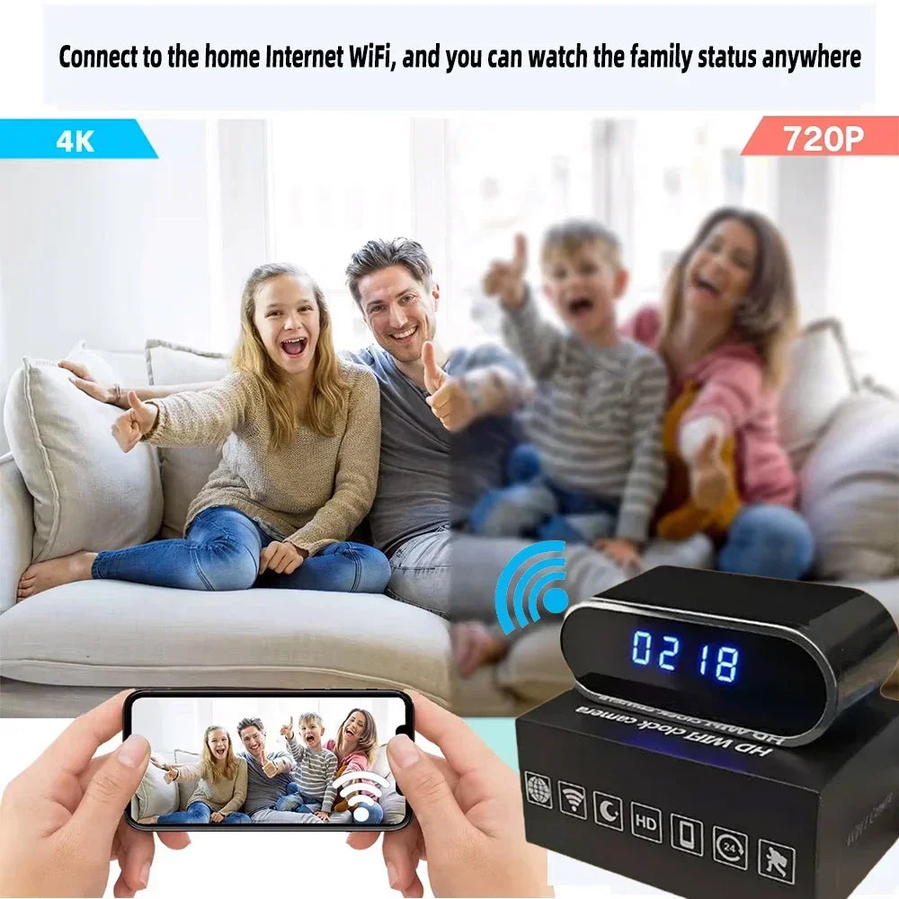 Improved 4KHD mini WiFi clock camera, supporting remote viewing, motion detection, infrared night vision, and home mini camera