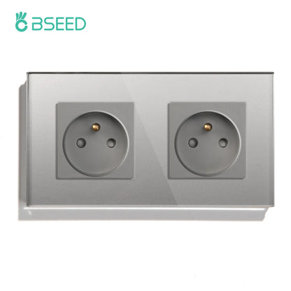 BSEED France Standard Single Wall French Socket Double Power Plug With White Black Gloden Crystal Glass Panel 16A 110V-250V