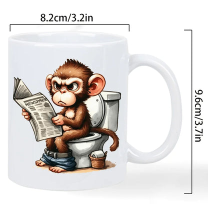 Funny Monkey on Toilet Ceramic Coffee Mug – Reusable, Hand-Wash Only – Humorous Cartoon Design with Detailed Illustration