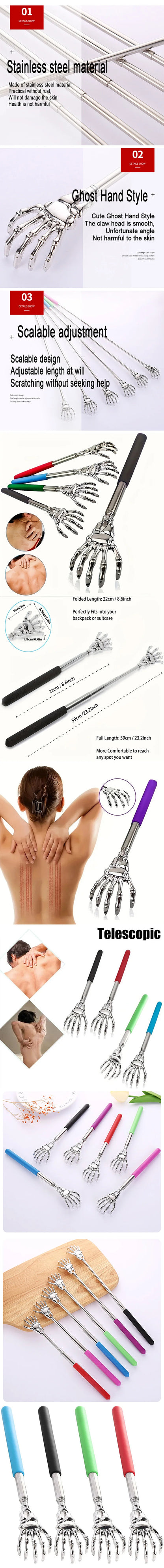 Stainless Steel Adjustable Massage and Tickle Relief Back Portable  Rubber Handle Extendable Telescoping Itch Stick Health Care