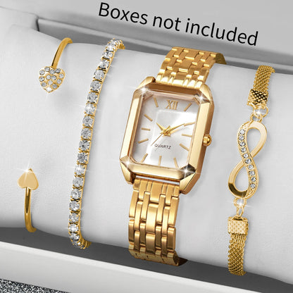 4PCS Elegant Rectangle Women Watch Rhinestone Bracelets Set Fashion Roma Dial Quartz Wristwatches Relogio Feminino (Without Box)