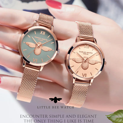 Hannah Martin 2023 New Women Luxury Watch Rose Gold 31mm Classic Casual Girl Dress Watch Bracelet Set 3D Engraved Bee Dial Clock