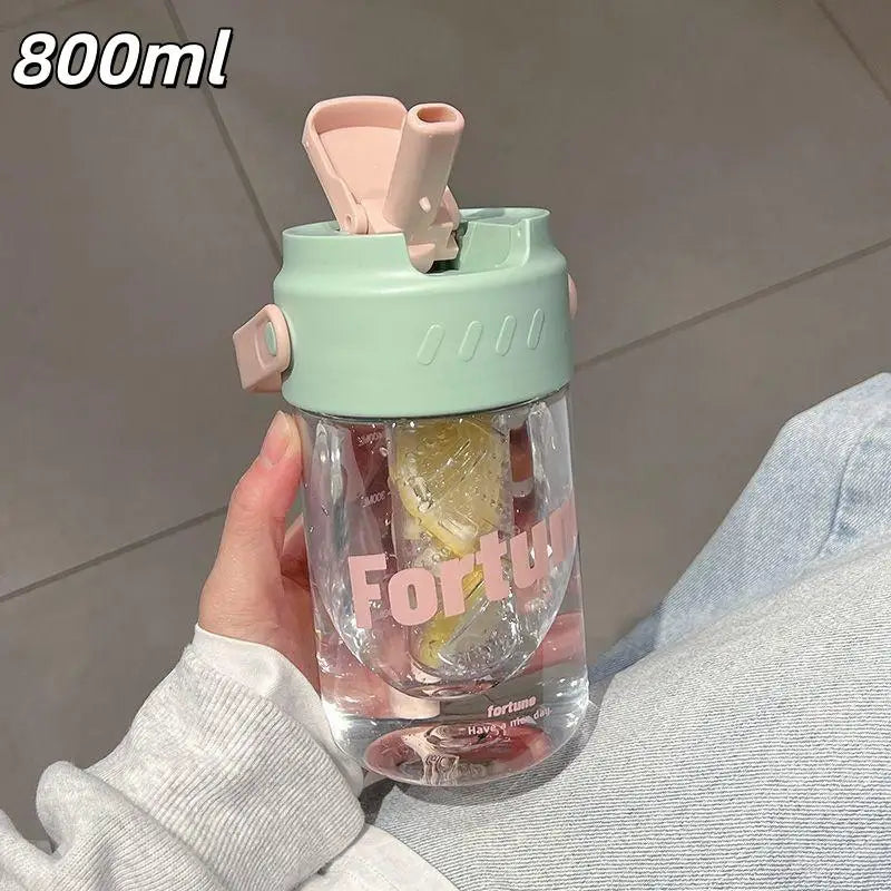 600/800ml Large Capacity Sports Water Bottle With Hidden Straw Portable Sealed Leak-Proof Plastic Cup Outdoor Travel Camping