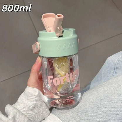 600/800ml Large Capacity Sports Water Bottle With Hidden Straw Portable Sealed Leak-Proof Plastic Cup Outdoor Travel Camping