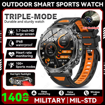 Smartwatch LIGE 2026 wojskowy, bateria 1400mAh, dla mężczyzn, latarka zewnętrzna, wodoodporność IP68, pulsometr, połączenia Bluetooth, bransoletka sportowa