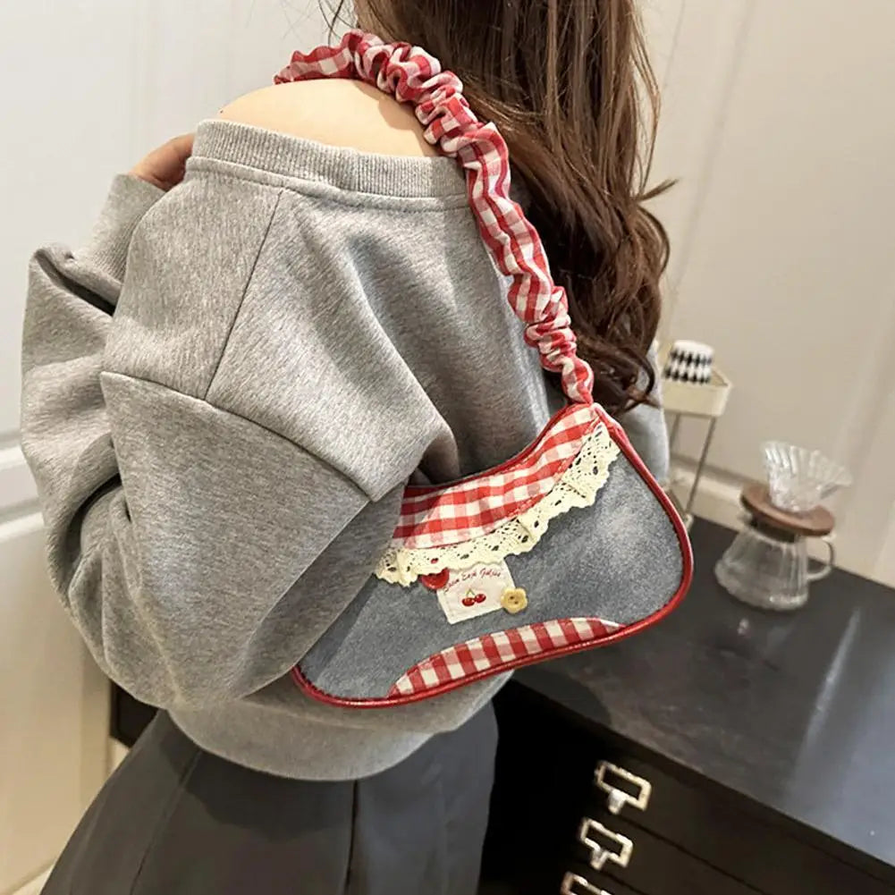 Fashion Grid Mini Handbag with Adjustable Shoulder Strap Korean Style Hand-held Commuting Bag Single-Shoulder Crossbody Underarm