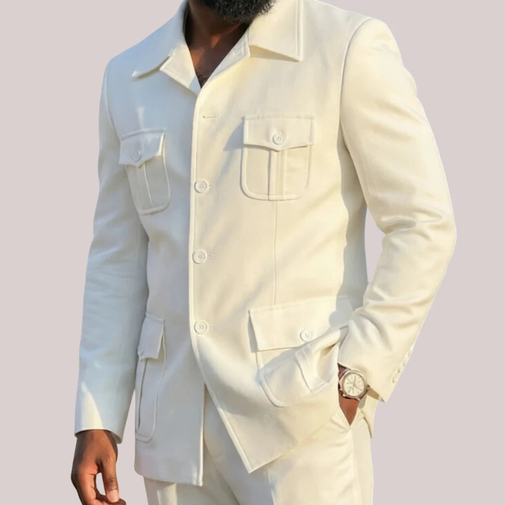 White Safari Men Suits with Structured Pocket Design Slim Fit 2 Pieces Man Fashion Blazer with Pants for Weekend Getaway Suit