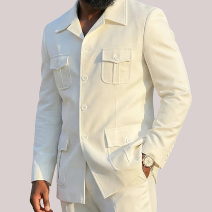 White Safari Men Suits with Structured Pocket Design Slim Fit 2 Pieces Man Fashion Blazer with Pants for Weekend Getaway Suit