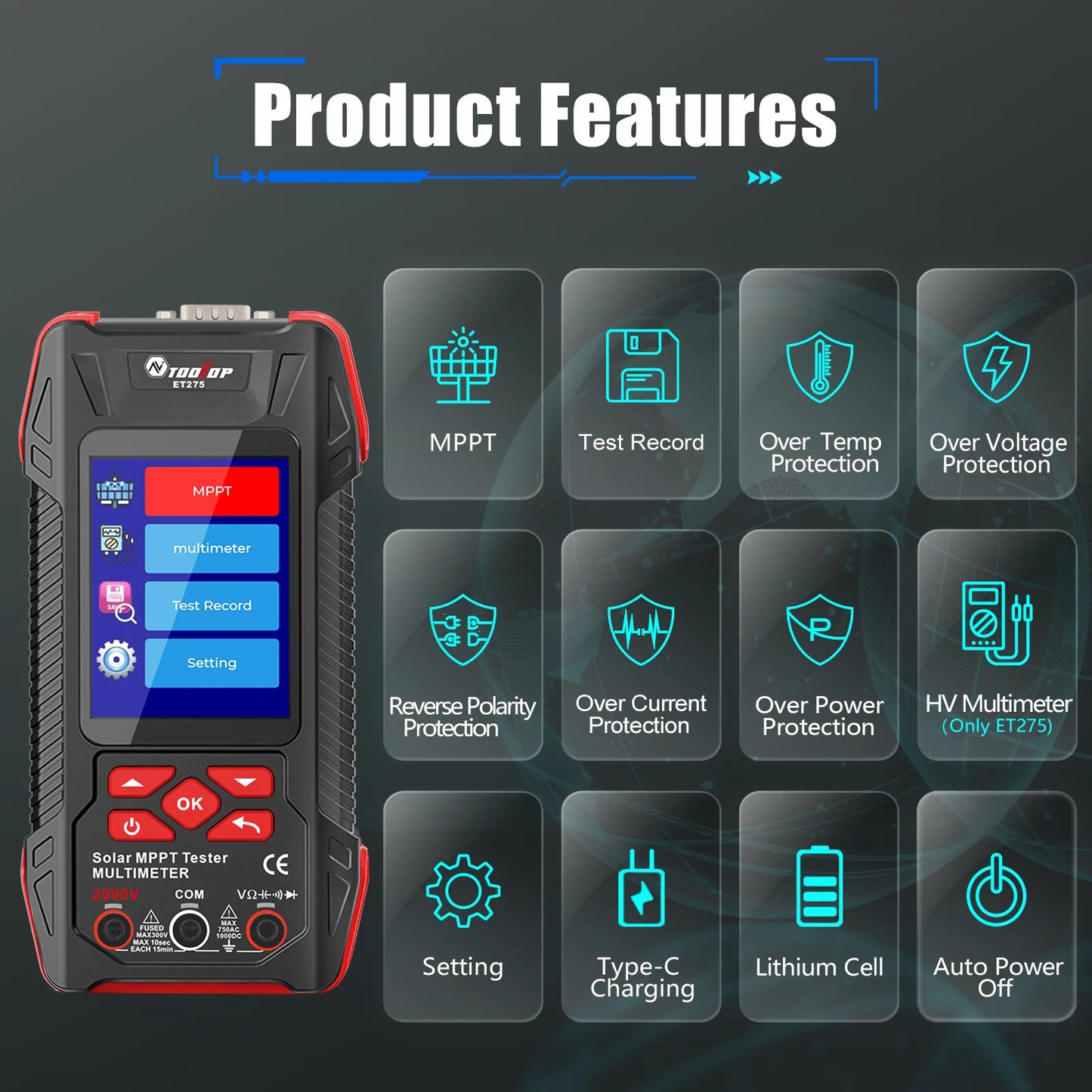 TOOLTOP 2000W Solar MPPT Power Tester 3.2 Inches 2KV 60000 Counts Multimeter Photovoltaic Solar Power Meter Pmax Voc Isc Test