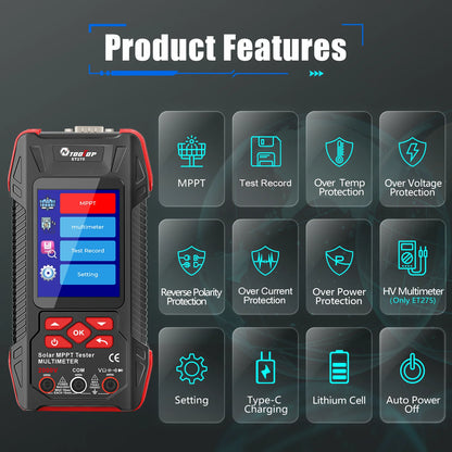 TOOLTOP 2000W Solar MPPT Power Tester 3.2 Inches 2KV 60000 Counts Multimeter Photovoltaic Solar Power Meter Pmax Voc Isc Test