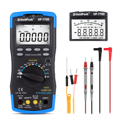 Multimetr cyfrowy HP-770D True RMS 40000 zliczeń z automatycznym wyborem zakresu i funkcją NCV, tester napięcia i prądu z testem temperatury