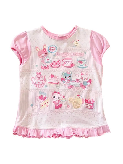 Japanese Girl Woman Clothing Cute Printed Short T-shirts Female Summer Colorful Short Tops Kawaii Pulover Youthful y2k Clothes