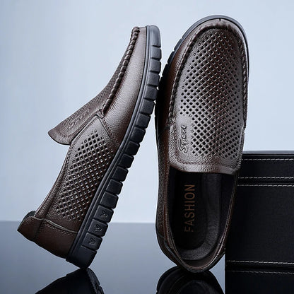 Men's Slip-On Loafers Summer Hollow Out Breathable Casual Shoes Comfortable Soft Sole Anti-Slip Leather Shoes-8822