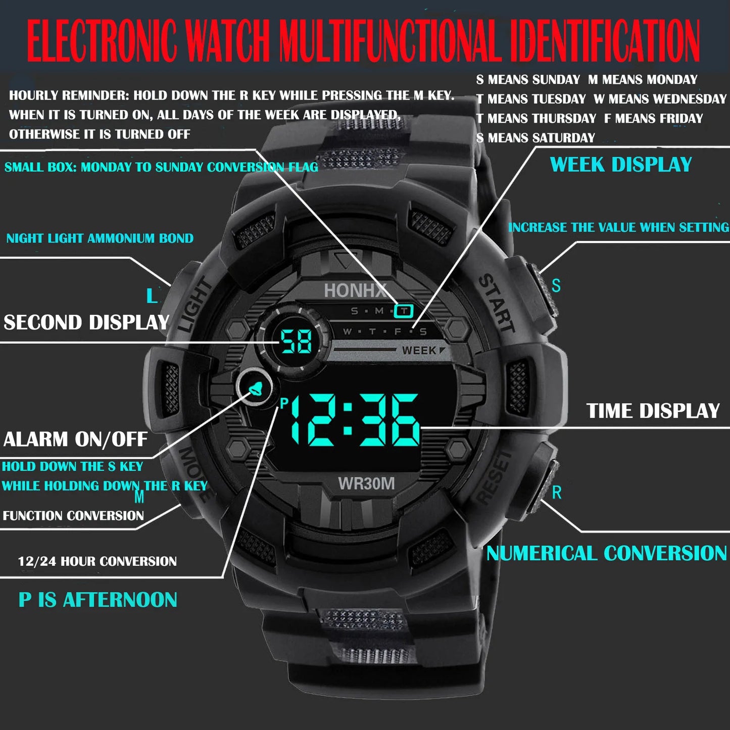 Fashion Men‘s Watch Waterproof Sports Digital Watches Men Large Dial Electronic Wristwatch Clock for Boys Child Reloj Hombre