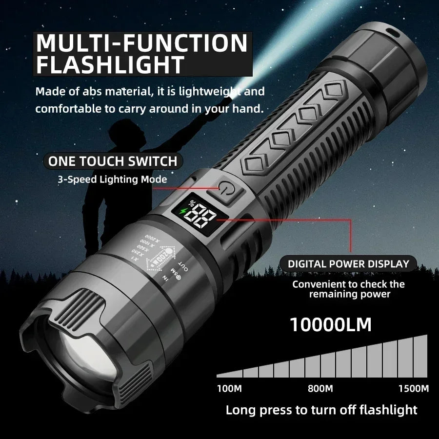 10000LM High Power LED Flashlight Long-range USB C Rechargeable Flashlight Power Display Zoom Lantern For Outdoor Camping Torch