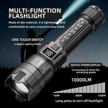 10000LM High Power LED Flashlight Long-range USB C Rechargeable Flashlight Power Display Zoom Lantern For Outdoor Camping Torch