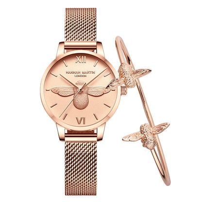 Hannah Martin 2023 New Women Luxury Watch Rose Gold 31mm Classic Casual Girl Dress Watch Bracelet Set 3D Engraved Bee Dial Clock