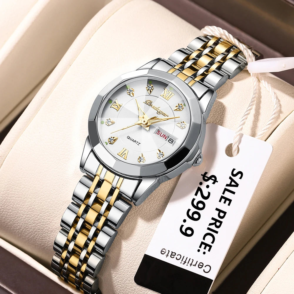 POEDAGAR Luxury Brand Women's Watches Waterproof Luminous Date Week Quartz Watch For Woman Stainless Steel Fashion Ladies Watch
