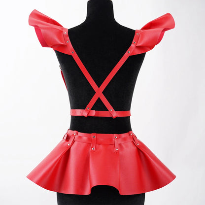 Leather Skirt Women's Belts Fashion Body Harness Belt Skirt With Ruffle Hem Gothic Style Waist &Shoulder Belt Clothing Accessory