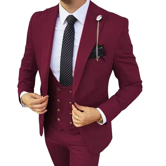 Solid Men's 3 Piece Suit Slim Fit Men Tuxedo Suit Party Wedding Prom Business One Button Peak Lapel Blazer Jacket Vest Pants Set