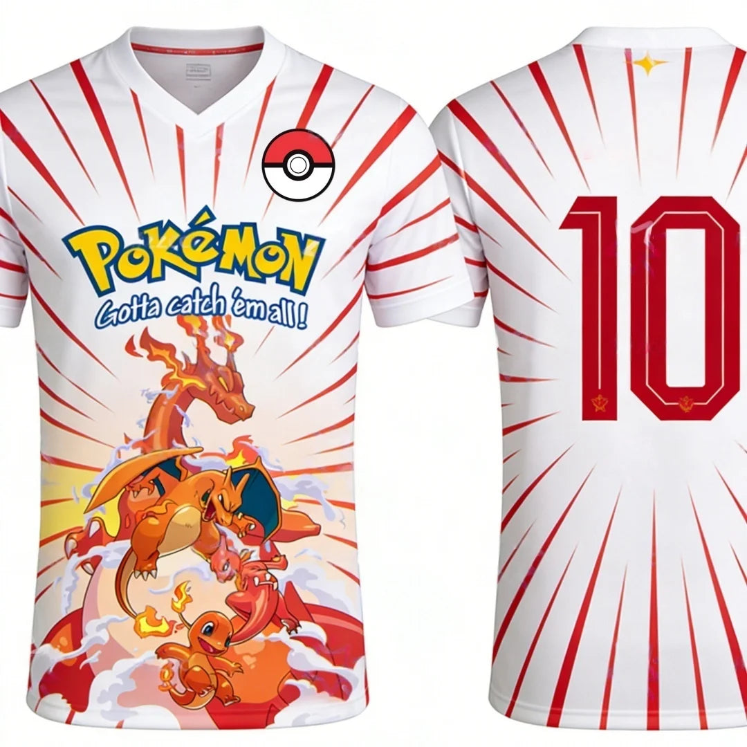 Summer 2026 Pokemon "Fire Evolution Chain" No. 10 Football Sports Theme 3D Printed Breathable T-shirt Adult Parent-child Top