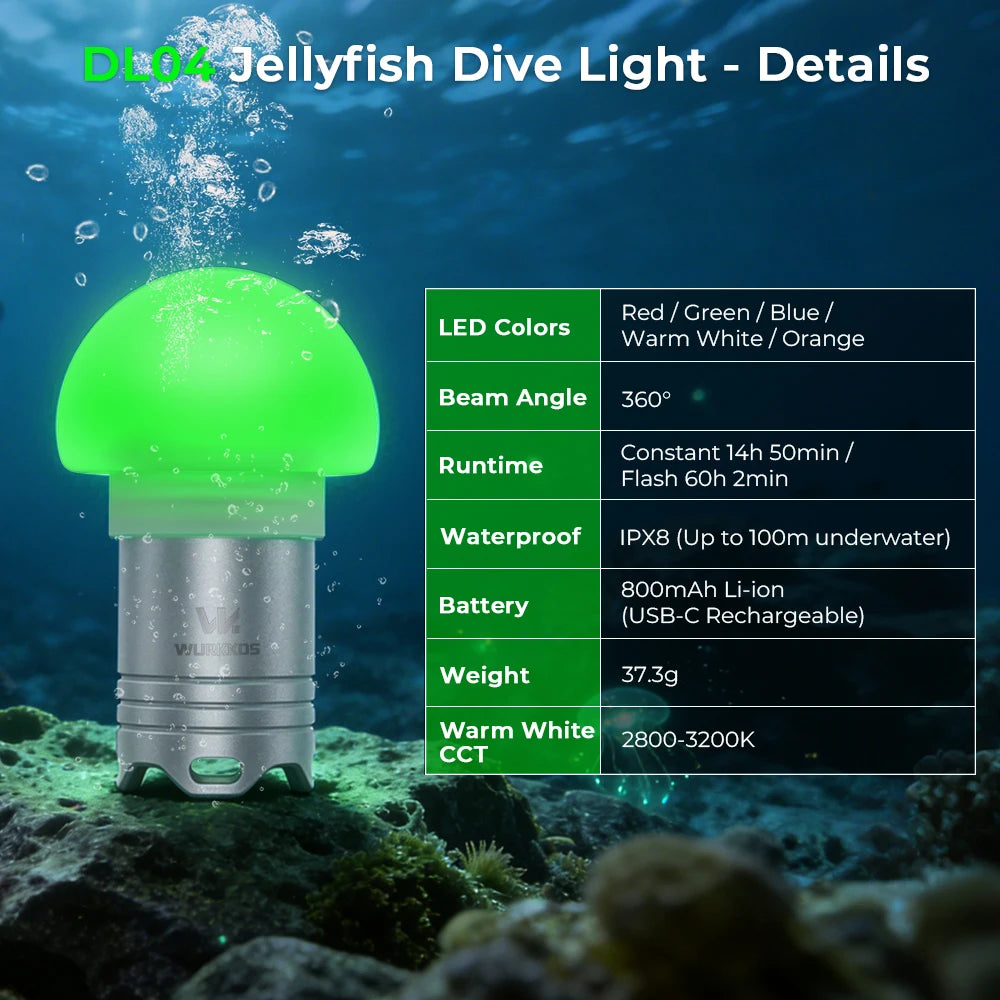 Wurkkos DL04 RGB Signal Light 9 RGB Modes IPX8 Waterproof Detachable 800mAH Battery, Jellyfish Design for Camping, Diving