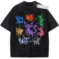 Oversize Vintage Washed Pokemon T Shirt Cute Mimikyu Cartoon with Small Ghost Companion Graffiti Print Streetwear Casual Wear