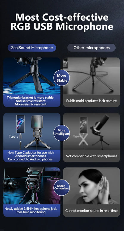 Zealsound RGB USB Condenser Gaming Microphone Computer Professional Mic For PC PS4 PS5 Mac Phone Recording Streaming Podcasting